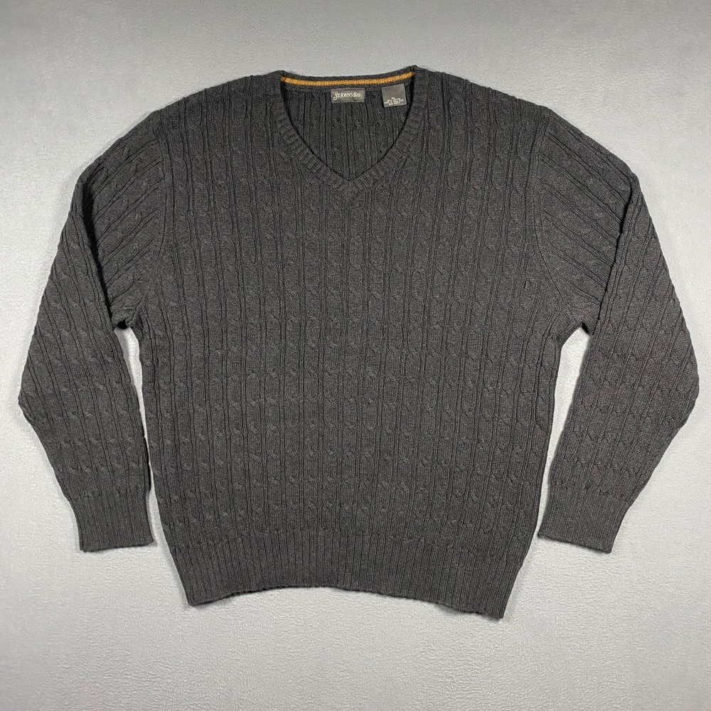 Vtg St Johns Bay V-Neck Sweater Mens XL Gray Cable Knit 100% Cotton Pullover